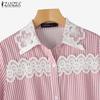ZANZEA Women Casual Lace Patchwork Loose Long Sleeve Stripe Blouse