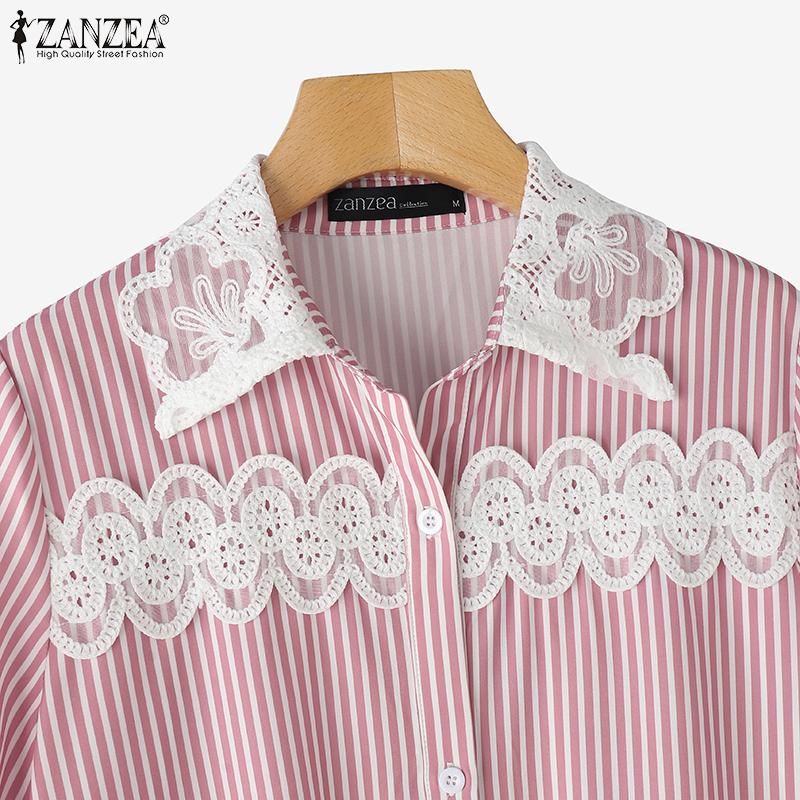 ZANZEA Women Casual Lace Patchwork Loose Long Sleeve Stripe Blouse