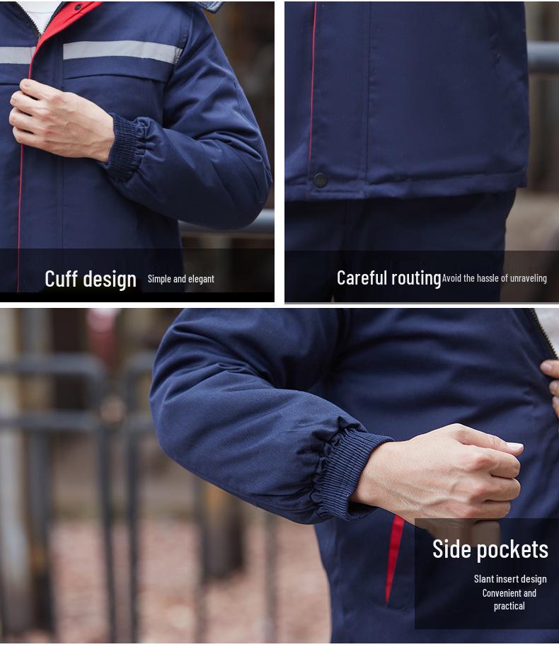 Autumn/Winter Reflective Hooded Cotton Work Jacket - Windproof, Cold-Resistant, for Auto Repair and Cold Storage.