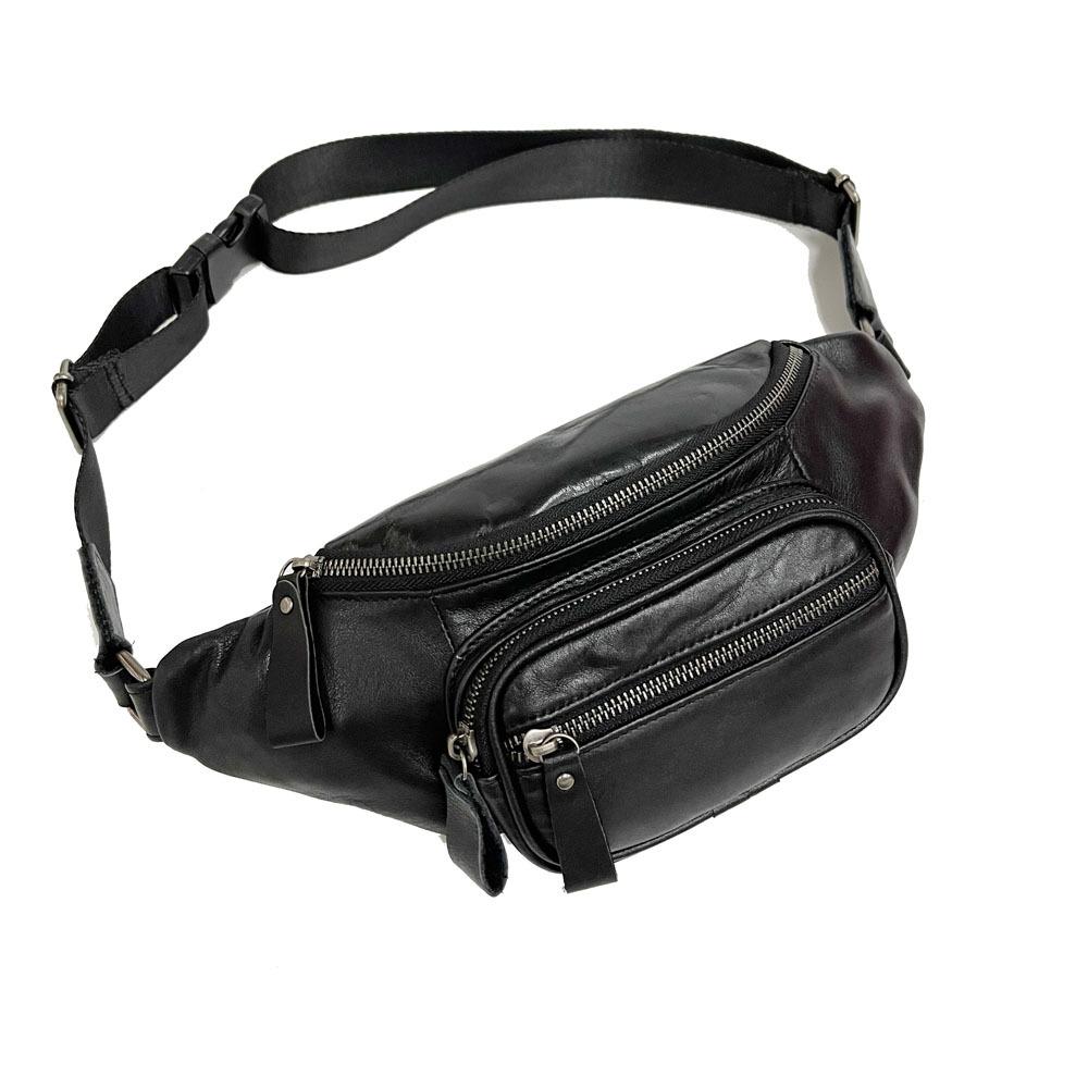 Fashion Internet Celebrity Fanny Pack High Quality First Layer Cowhide Black Fanny Pack Genuine Leather Satchel Men'S Genuine Leather Fanny Pack