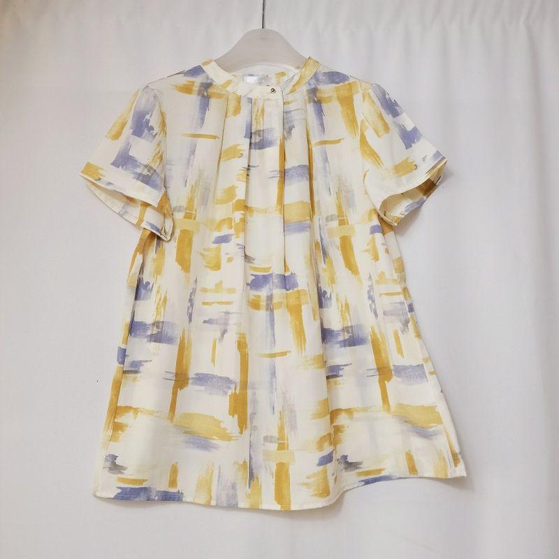 

Export Daily Order Tail Goods Chiffon Stand-up Collar Pullover Short-Sleeved Shirt Women s Abstract Art School Print Sense of Design Shirt Summer Yellow abstract Print M