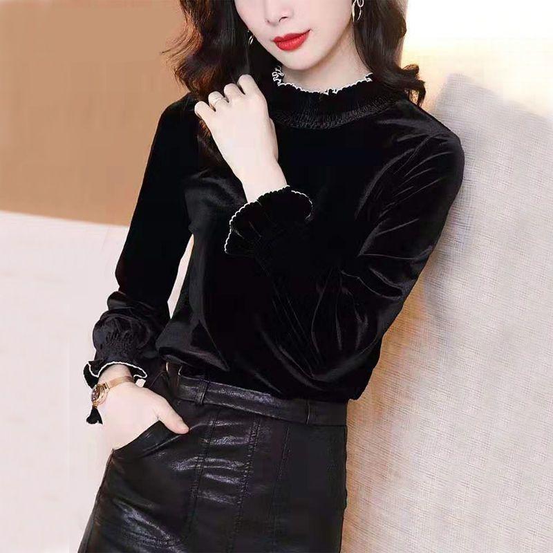 Jednobarevná zlatá, sametová košile Dámské Podzim Zima Nová móda Halenka s polovysokým výstřihem Temperament Dřevěný Top