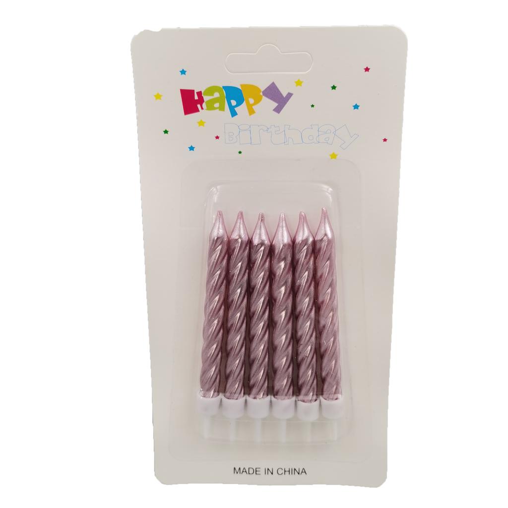 Pack of 6 Threaded Birthday Candles, Plated Metallic Paint, Threaded Colorful Spiral Candles with Base
