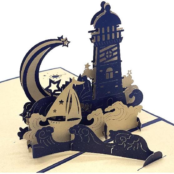 3D Pop Up Beacon Greeting Card, Pop-up Beacon,Moon,Star,Sailboat Birthday Cards For Kids&Adults,Party/Children’s Father Day