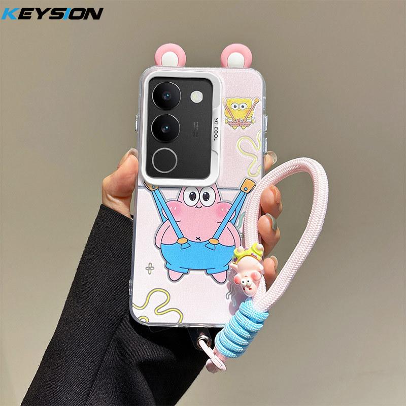 KEYSION Cute Ear Cartoon Case for VIVO V29 5G with Lanyard Soft Silicone+PC Shockproof Phone Back Cover for VIVO V29 5G