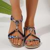 Bohemian Metal Decoration Woven Strap Sandals Summer Round Toe Low Heel Ankle Strap Sandals Color Printing Beach Shoes