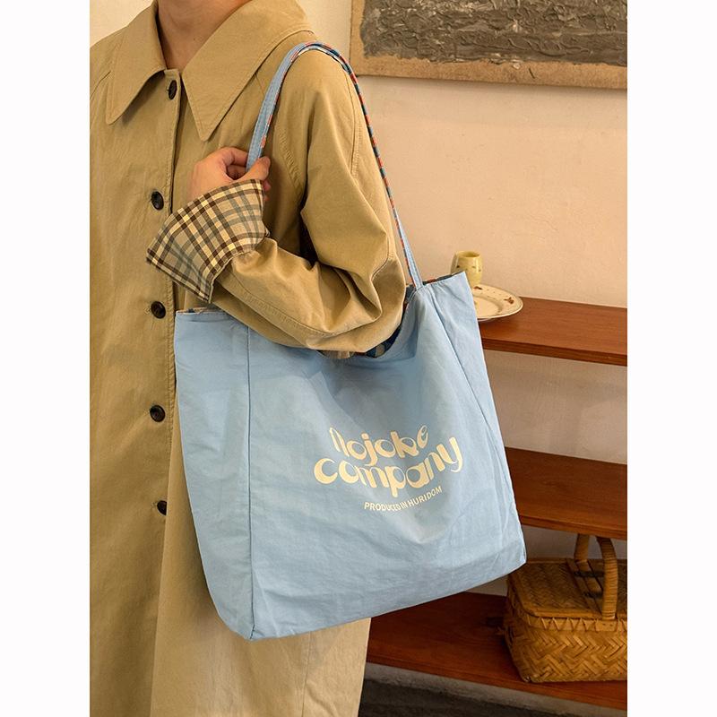 Fresh plaid nylon double-sided bag large capacity versatile Korean lazy wind big bag sweet printed letter bag female