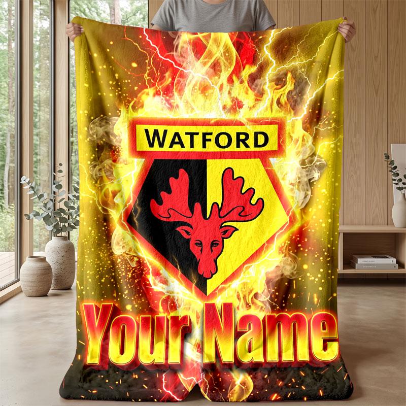 Watford FC Benutzerdefinierter Name Text Flanelldecke Fußball Logo Personalisierte Fleece-Wurfdecke Besonderes Geschenk für Sofa Schlafzimmer Zuhause