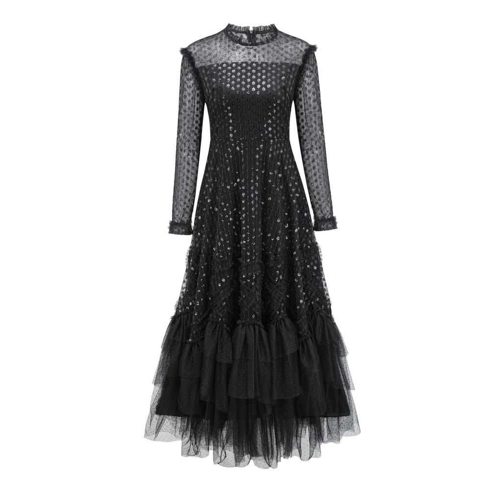 New Round Neck Long-sleeved Dress Sweet and Fresh Dress Long-sleeved High-waisted Long Dress