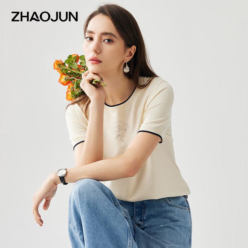 Zhaojun Women's Silk Blend Rhinestone Flower Short Sleeve Knit T-Shirt