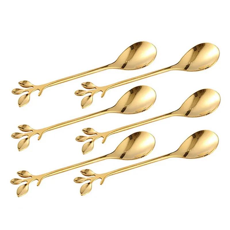 6 STÜCKE Kreative Persönlichkeit Edelstahl Gold Löffel Baumblatt Löffel Kaffeelöffel Teelöffel Home Restaurant Dessert Besteck Set