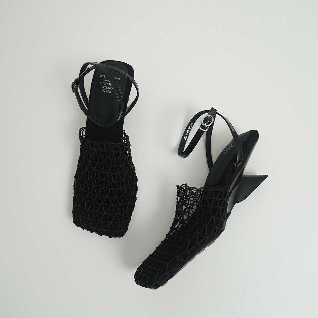 Fashion 2025 Summer New Luxury Designer Women's Sandals Lace Mesh Square Toe Shallow Narrow Strap Braided Slip-on Strange Style Sandals