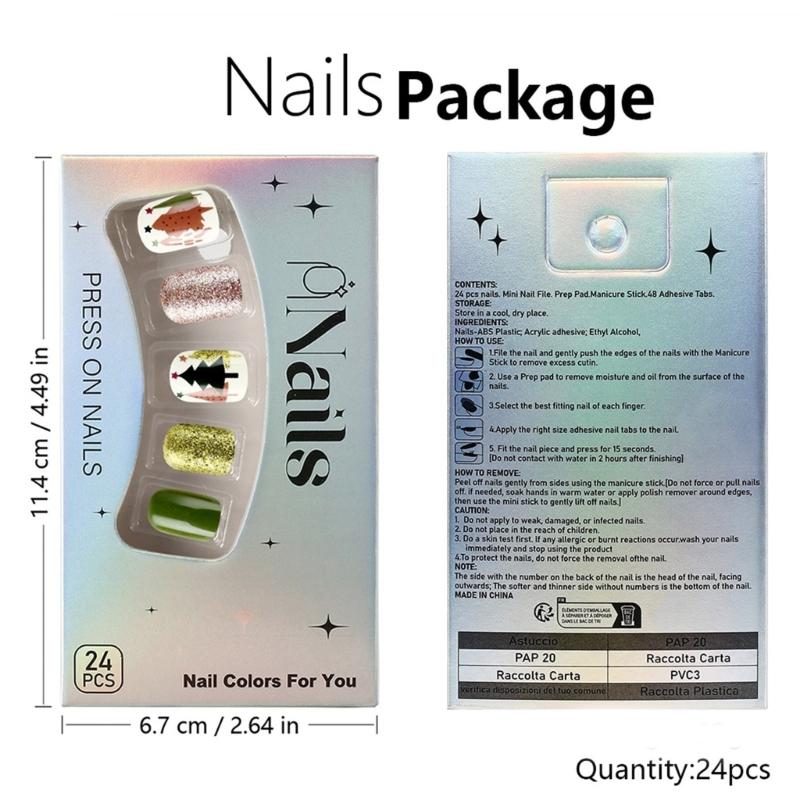 24 Pcs Full Cover Stick on Nails Christmas Press On Nails Artificial Nails Short False Nails with Christmas Tree Designs
