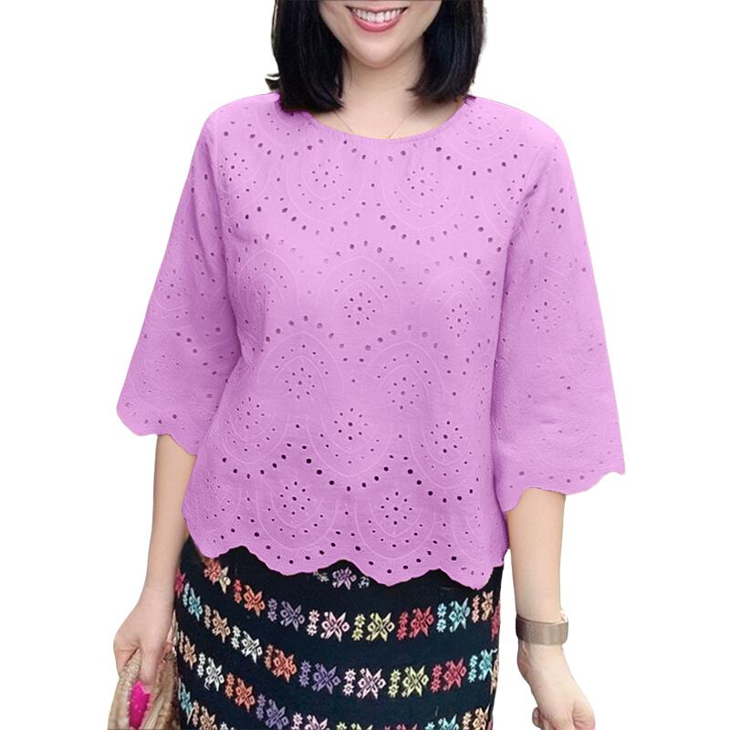 

ZANZEA Женская повседневная блузка с круглым вырезом, рукавами 3/4, свободного кроя, пэчворк, вязаная крючком 4XL розовый