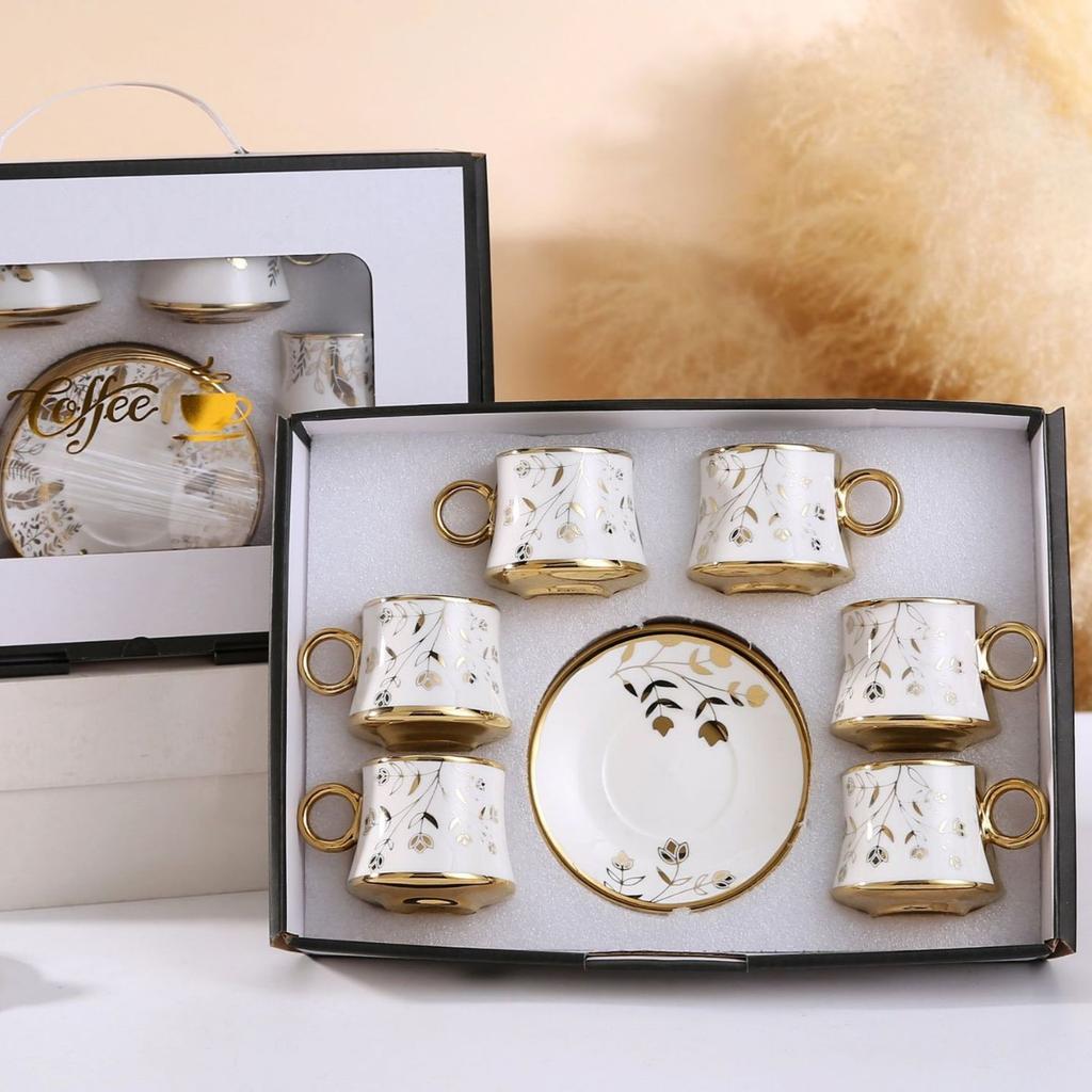 Classic European Style Ceramic Coffee Cup, Gold-plated Ceramic Cup, Trendy Coffee Cup, 6 Cups, 6 Plates Gift Box Set