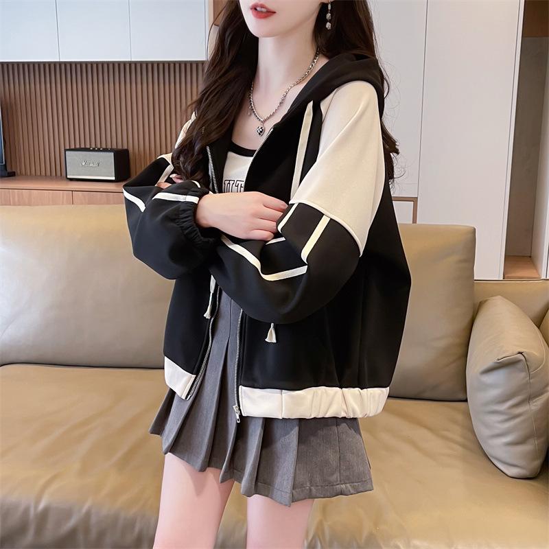 Autumn Vintage Patchwork Cardigan Sweatshirt Ladies Loose Casual Zipper Coat Women All-match Hooded Jacket Top