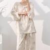 Cotton silk pajamas women's spring summer thin long-sleeved trousers floral round neck cotton pullover breathable loungewear set autumn
