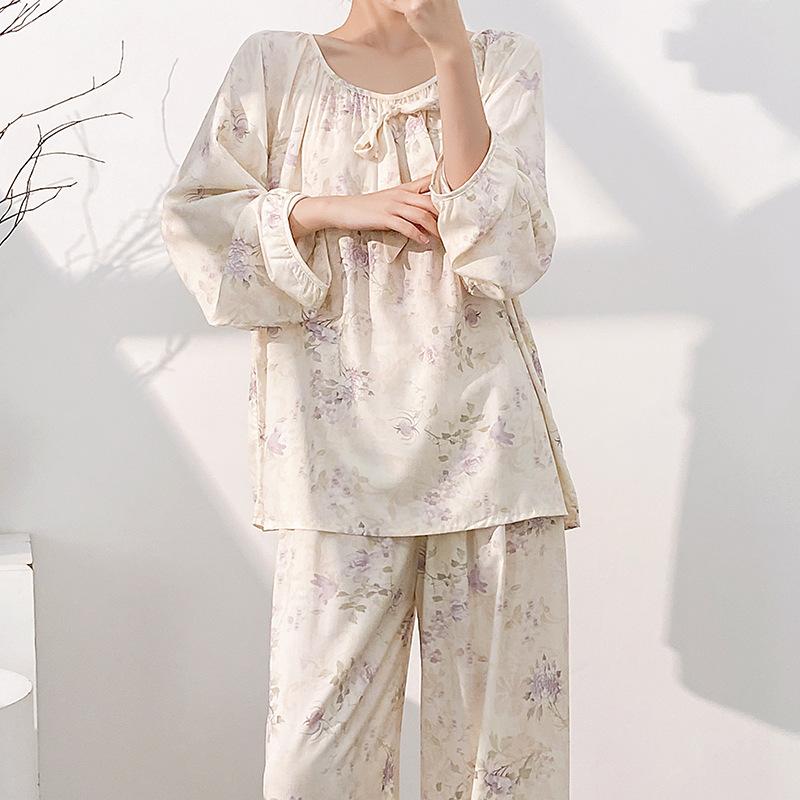Cotton silk pajamas women's spring summer thin long-sleeved trousers floral round neck cotton pullover breathable loungewear set autumn