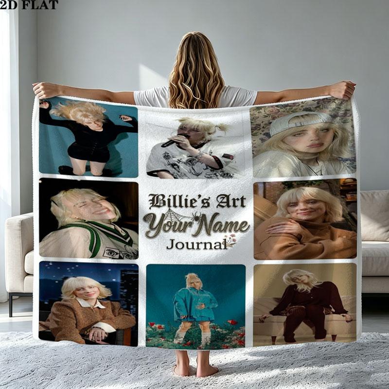 1PC Billie Eilish Custom Name Patterned Flannel Blanket Suitable For All Seasons for Home Decor Warmth and Comfort Gifts Holiday Present