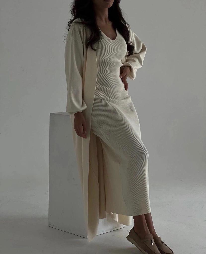 2023 Herbst Europäischer & Amerikanischer Einfarbiger Slim Strickpullover Überknie Langes Kleid Set für Damen
