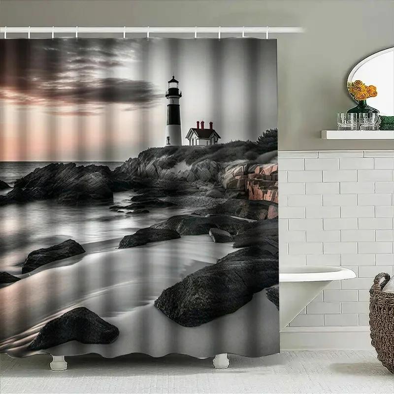 Modern Bathroom Shower Curtain With Lighthouse Design Waterproof Fabric For Home Decor 3D Printing Customizable Size (Black Whit