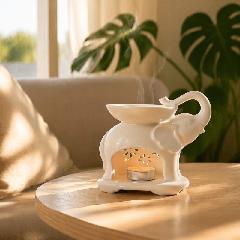Elephant Ceramic Essential Oil Burners with Florals Cutout, Tealight Candle Holder, Fragrances Waxes Melt Burners for Bedroom Living Room or Study