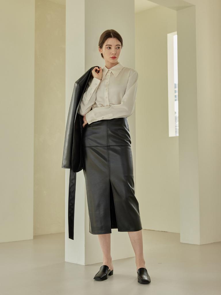 A Leaf Kelly H-Line Slit Leather Skirts_Black