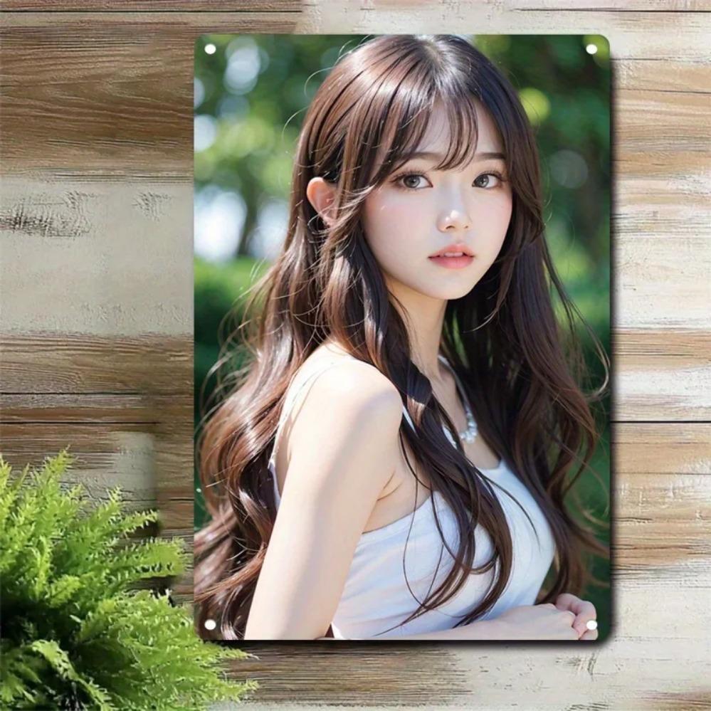 Metal Sign Korean Beauty Wall Art, Woman Portrait Hair Decor for Home Cafe Bar Gift