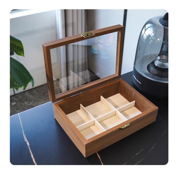Walnut Grain Jewelry Organizer with Glass Lid - Anti-Oxidation Storage for Earrings, Rings, and Bracelets