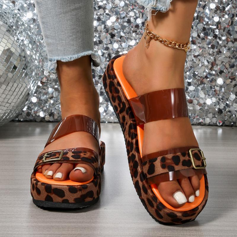 

Леопардовые тапочки больших размеров Летние Новые Платформа Платформа Модные Круглый носок Металлическая пряжка Ремешок через подъем Противоскользящие Сандалии 43 коричневый