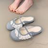 Fashion Comemore Summer New Women's Mary Jane Shoes Square Toe Flat Buckle Suede Lace Bowknot Gentle Sweet Mules Baotou Half Slippers