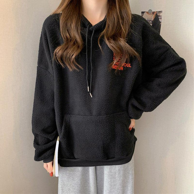 Cross-border real shot hooded fleece thickened 300g lamb fleece furry sweater women's Korean version autumn and winter warm jacket