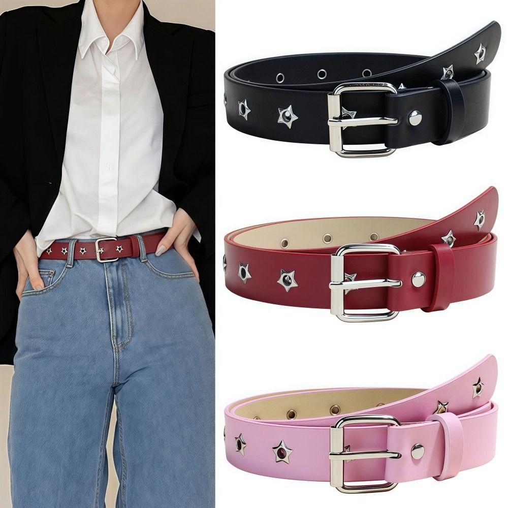 Fashion Punk Women's Belt Star Hollow Eyelet Korean Style Metal Buckle Waistband Casual Versatile Waist Strap Jeans Decor