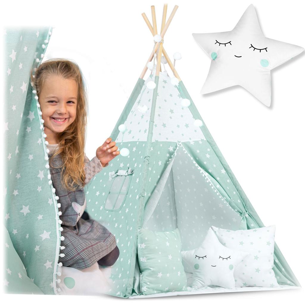 Children's teepee tent with lights - mint with stars