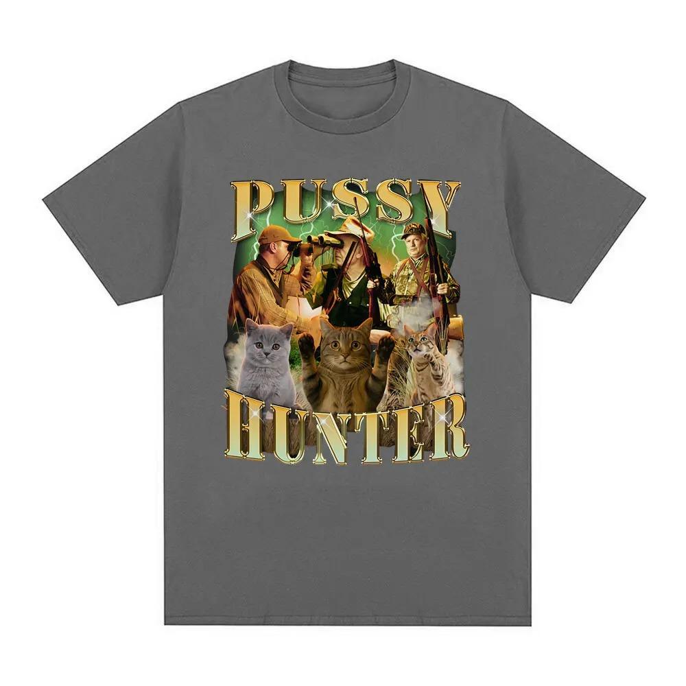 Pussy Hunter Vintage Funny Cat Hunting Graphic Oversized T-Shirt, Retro Streetwear Tee, Unisex Casual Top