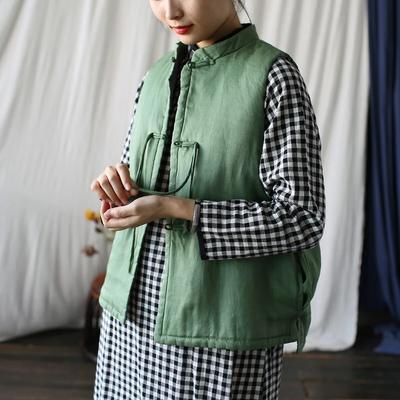 Mulheres vintage ramie coletes casacos cor sólida botão suporte roupas quentes outono estilo chinês solto coletes femininos