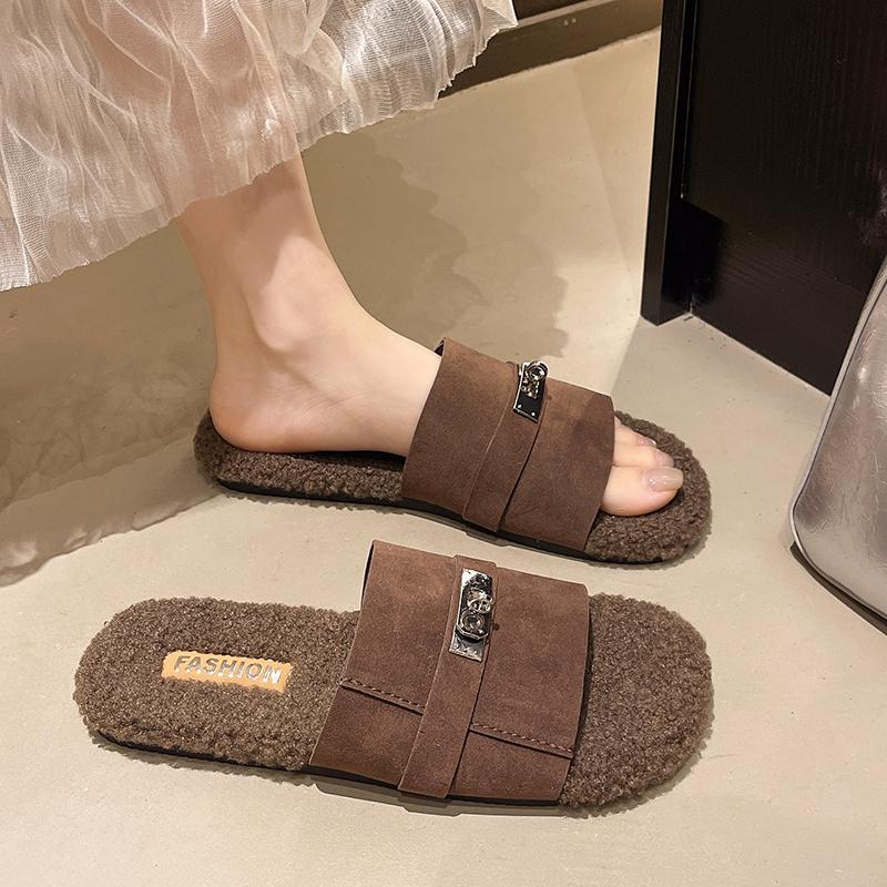 

Leisure Slippers for Women Casual Flat Low Heels Sweet Basic Shoes for Women Solid Metal decoration Fur Slip on Summer Sandals 35