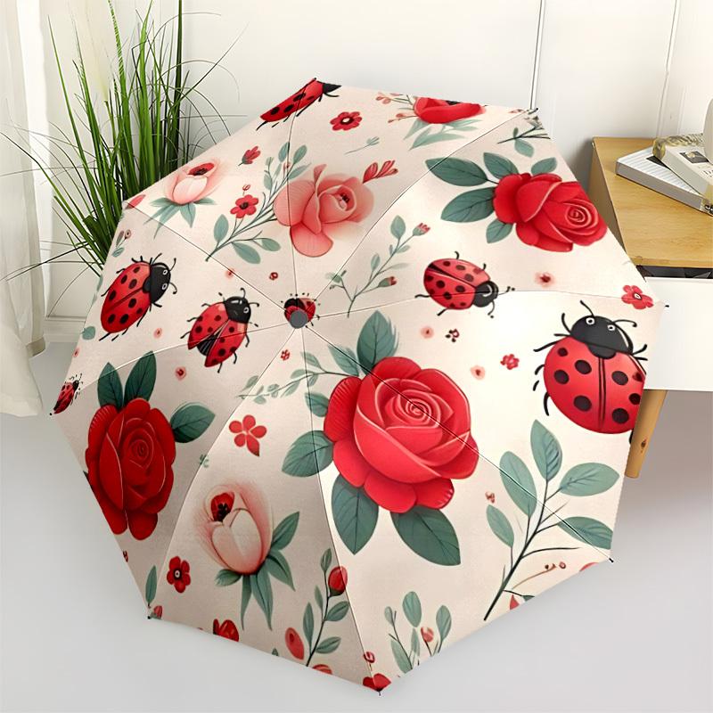 

1pc Ladybug Floral Automatic Folding Umbrella - 8-Rib Automatic Open/Close, Large Canopy, Portable for Office, Living Room, Bedroom yy251217153