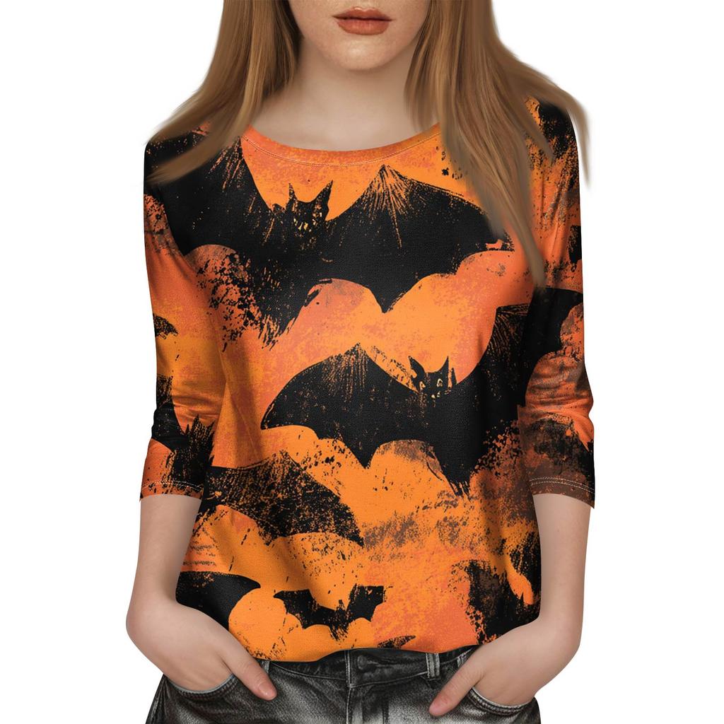Modieuze casual damestop met driekwartmouwen en Halloweenprint, ronde hals.