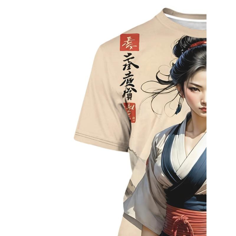 Men's Short Sleeved 3D Printed Cartoon Female Warrior Pattern T-shirts Casual Round Neck Short Sleeved Fashion T-shirts