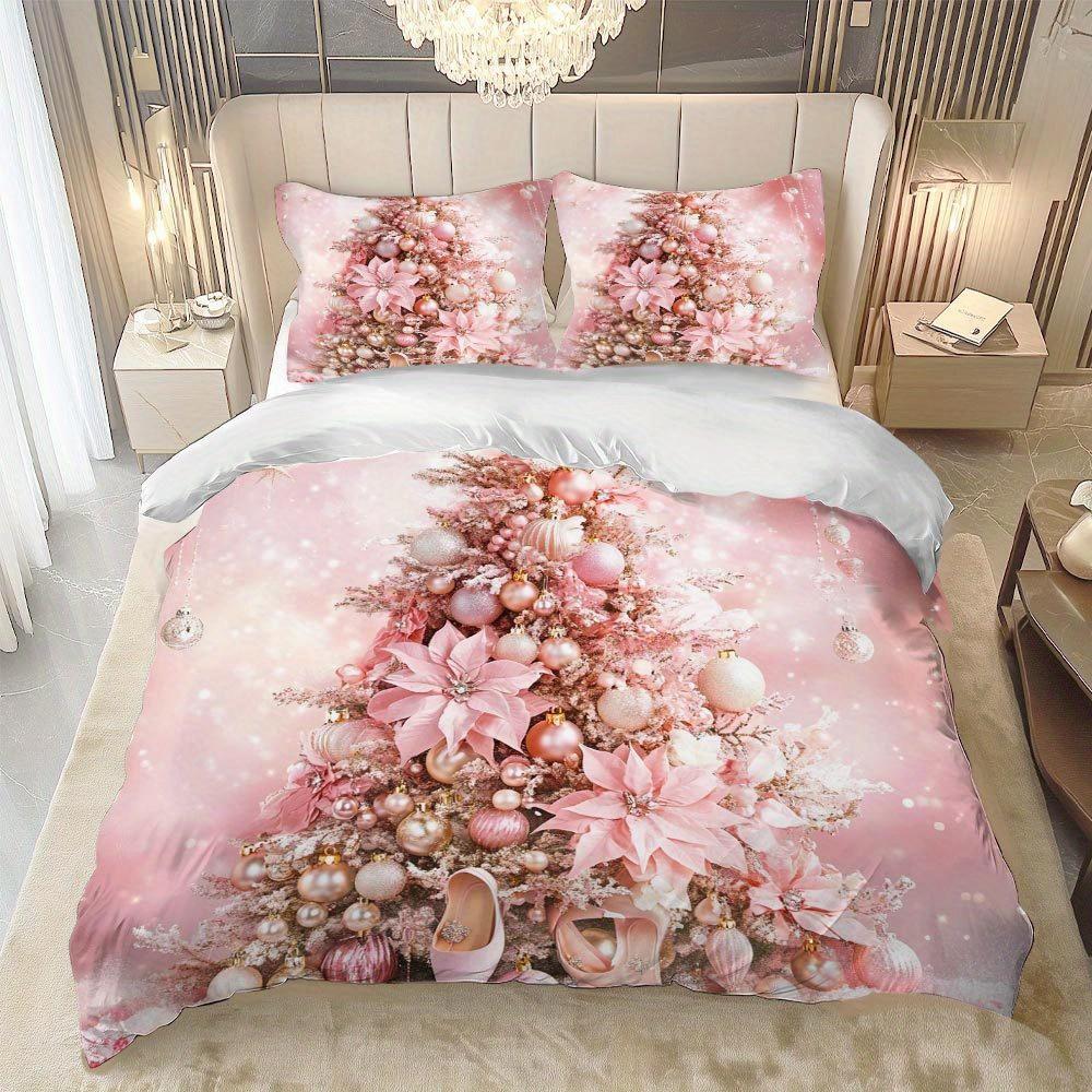 2/3-teiliges Rosa Weihnachtsbaum-Muster Bettbezug-Set Rosa Weihnachtsstern Ornament Bettdecken-Set Festliches Und Elegantes Bettwäsche-Set