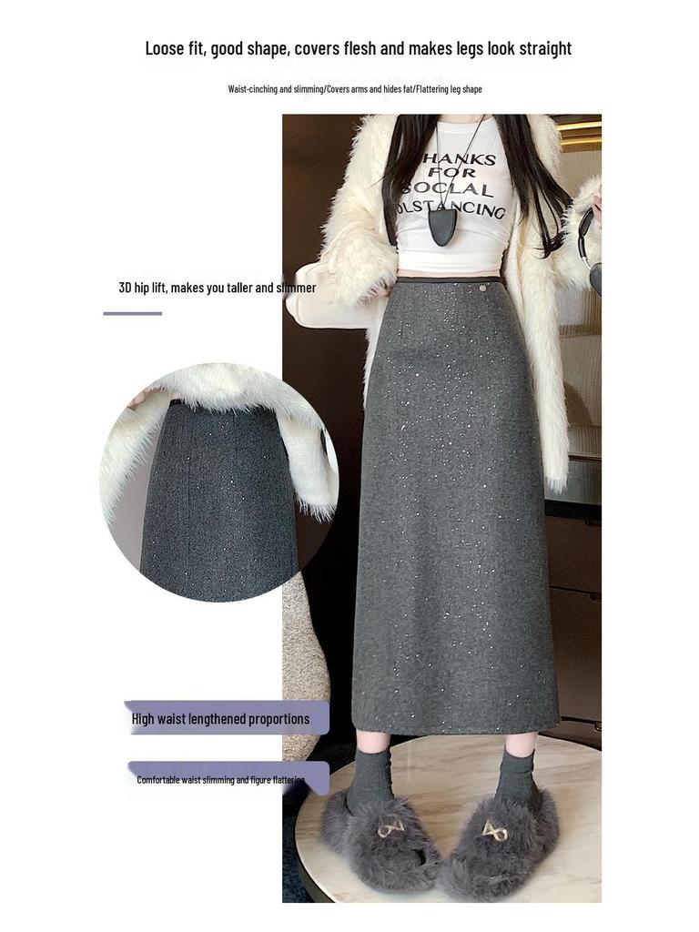 Women's Plus Size A-line Sequin Wool Blend Skirt - High Waist, Shiny, for Spring and Autumn