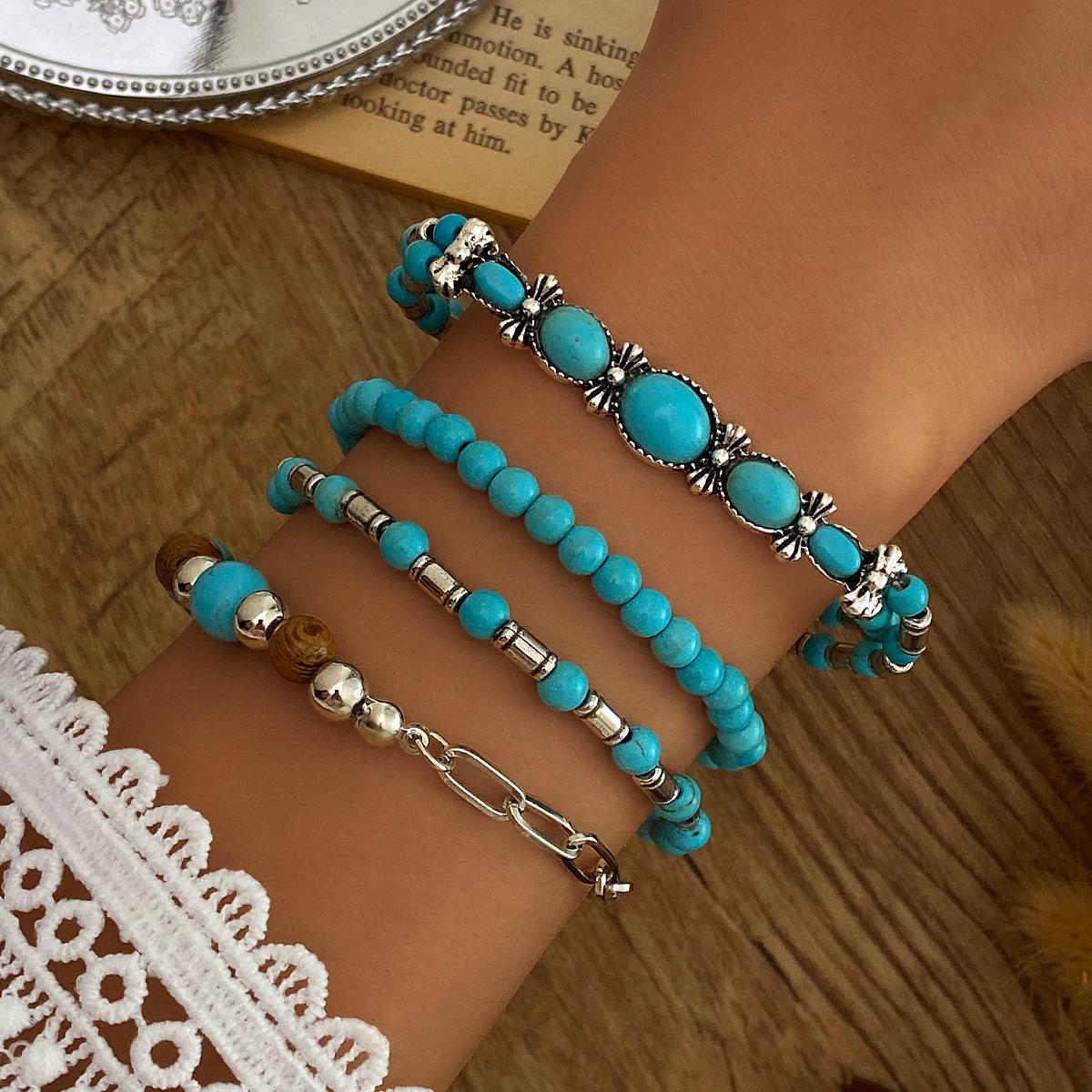 4Pcs/Set Bohemia Imitate Turquoise Decorated Bead Bracelet set for Women Trendy Natural Stone Beads Chain Jewelry Gifts