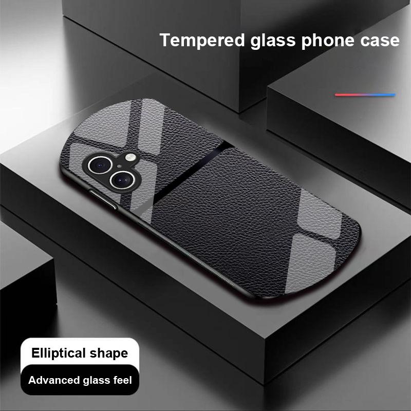 Red Leather Pattern For Apple IPhone 16 11 13 15 14 Pro Max 12 Mini 7 8 Plus XR XS Elliptical Shaped Tempered Glass Phone Case