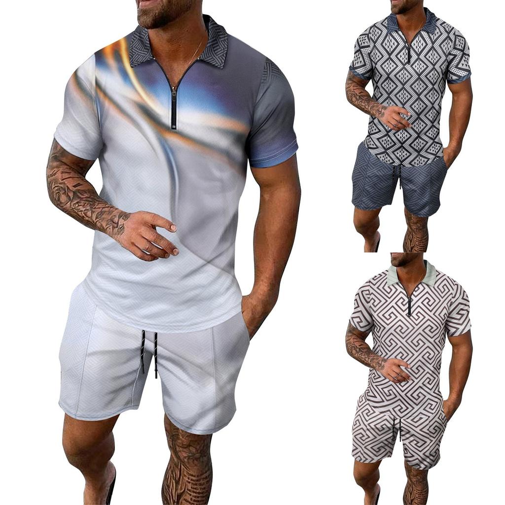 Men's Summer Printed Zipper Lapel Short Sleeve Top Shorts Suit Men's Casual Sports Suit