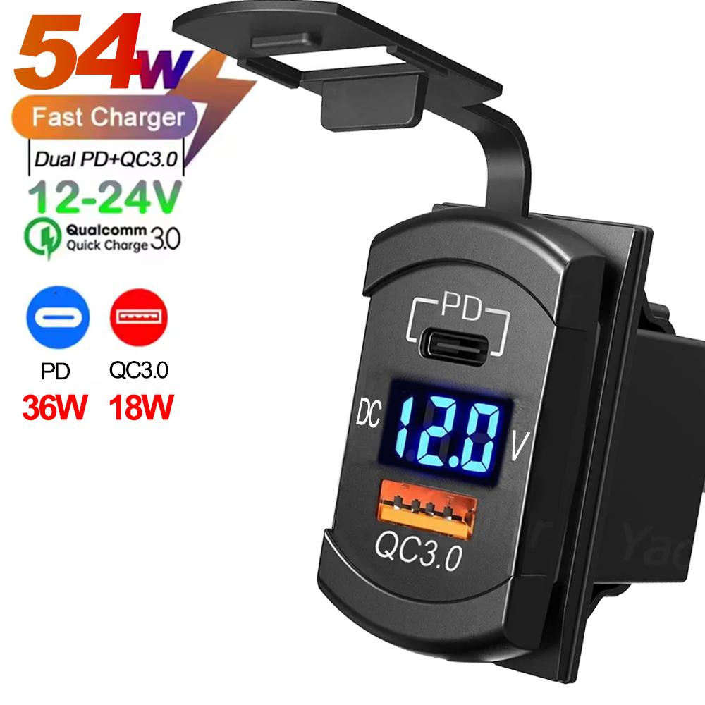 12V USB Rocker Switch 36W USB & PD Outlet Socket with LED Voltage Display 18W QC3.0 Charger for Cars Trucks Vans Boats RVs