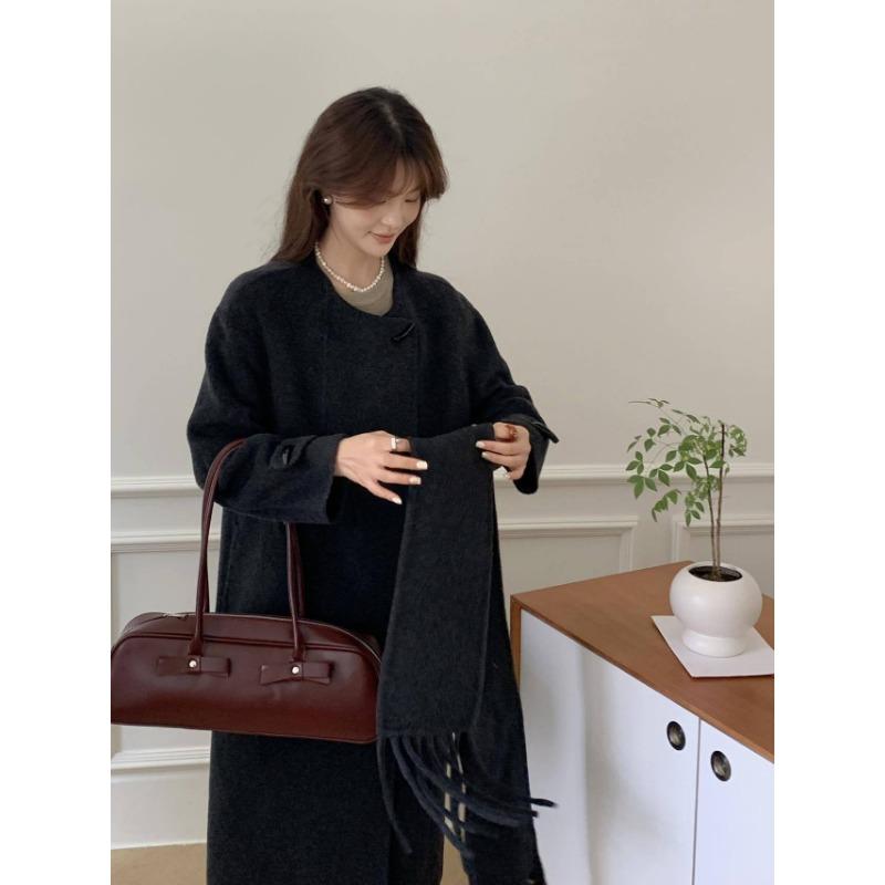 Korean Lace Detachable Tassel Scarf Horn Button Double-sided Wool Coat Mid-length Temperament Coat Warm and Loose