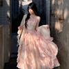Summer New Eden Oil Painting Smudge Printing Waist Ruffle Edge Suspender Skirt Korean Version Temperament Dress