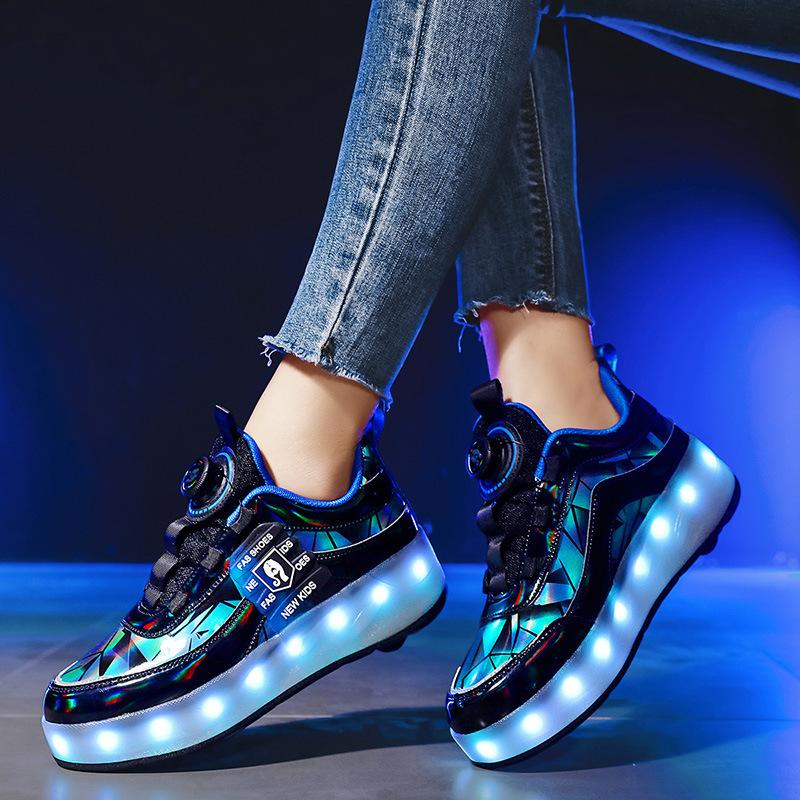 Children's runaway shoes Four-wheel LED light luminous shoes Shrinkable runaway shoes Sports student pulley shoes yo