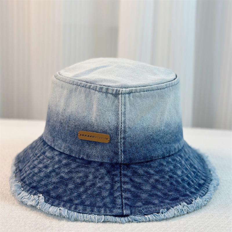 Spring New Gradual Change Raw Edge Washed Denim Bucket Hat Women's Leisure Sunshade Sunscreen Hat Women's Bucket Hat